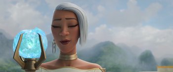 Movie still from “Raya and the Last Dragon” (2021), directed by Don Hall – An animated woman with a white hair and a gold necklace; Close Up shot, Low angle