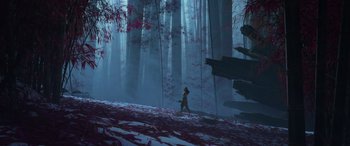 Movie still from “Raya and the Last Dragon” (2021), directed by Don Hall – A person walking through a foggy forest on a hill; Extreme Wide shot, Low angle