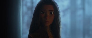 Movie still from “Raya and the Last Dragon” (2021), directed by Don Hall – A person with long black hair; Close Up shot, Over the shoulder angle