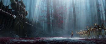 Movie still from “Raya and the Last Dragon” (2021), directed by Don Hall – A person walking through a foggy forest on skis; Extreme Wide shot, Low angle