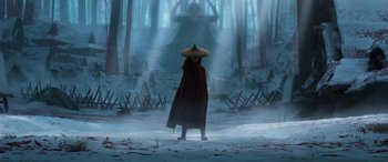 Movie still from “Raya and the Last Dragon” (2021), directed by Don Hall – A person with a hat standing in the middle of a forest; Extreme Wide shot, Over the shoulder angle