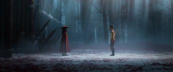 Movie still from “Raya and the Last Dragon” (2021), directed by Don Hall – A man and a woman stand in the middle of a forest; Wide shot, Over the shoulder angle