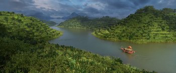 Movie still from “Raya and the Last Dragon” (2021), directed by Don Hall – An image of a boat on a river in the middle of the day; Extreme Wide shot, High angle