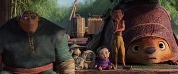 Movie still from “Raya and the Last Dragon” (2021), directed by Don Hall – A group of people standing next to each other on the ground; Wide shot, Over the shoulder angle