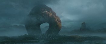 Movie still from “Raya and the Last Dragon” (2021), directed by Don Hall – A castle on top of a rock in the middle of the ocean; Extreme Wide shot, Low angle