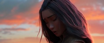 Movie still from “Raya and the Last Dragon” (2021), directed by Don Hall – A person with long hair; Close Up shot, Over the shoulder angle