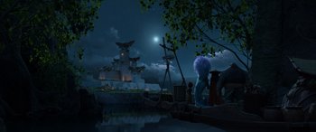 Movie still from “Raya and the Last Dragon” (2021), directed by Don Hall – A night scene of a river with a castle in the background; Extreme Wide shot, Low angle