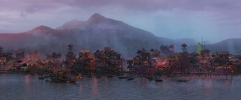 Movie still from “Raya and the Last Dragon” (2021), directed by Don Hall – A large body of water surrounded by buildings; Extreme Wide shot, High angle