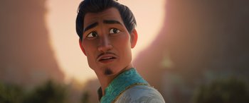Movie still from “Raya and the Last Dragon” (2021), directed by Don Hall – A person's face in a cartoon; Close Up shot, Over the shoulder angle