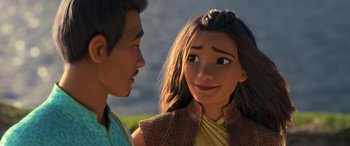 Movie still from “Raya and the Last Dragon” (2021), directed by Don Hall – A man and a woman looking at one another; Close Up shot, Over the shoulder angle