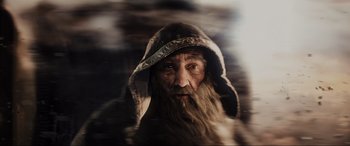 Movie still from “Ready Player One” (2018), directed by Steven Spielberg – An old man with a long beard wearing a hood; Close Up shot, Low angle