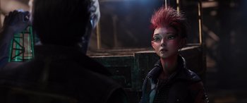 Movie still from “Ready Player One” (2018), directed by Steven Spielberg – A woman with pink hair and a black jacket; Close Up shot, Over the shoulder angle