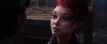 Movie still from “Ready Player One” (2018), directed by Steven Spielberg – A person with a red mohawk; Close Up shot, High angle