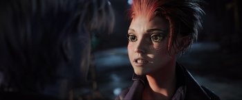 Movie still from “Ready Player One” (2018), directed by Steven Spielberg – A person with pink hair; Close Up shot, High angle