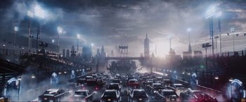 Movie still from “Ready Player One” (2018), directed by Steven Spielberg – A city street filled with lots of traffic at night; Extreme Wide shot, High angle