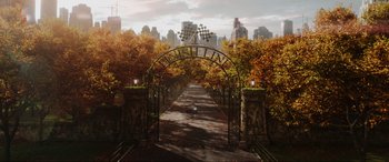 Movie still from “Ready Player One” (2018), directed by Steven Spielberg – An image of an open gate leading to the finish line of a race; Extreme Wide shot, High angle