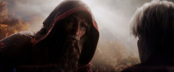 Movie still from “Ready Player One” (2018), directed by Steven Spielberg – An old man with a long beard wearing a hood; Close Up shot, Low angle
