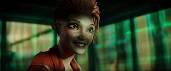 Movie still from “Ready Player One” (2018), directed by Steven Spielberg – A woman's face with green eyes; Close Up shot, High angle