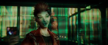 Movie still from “Ready Player One” (2018), directed by Steven Spielberg – A woman in a leather jacket with green eyes; Close Up shot, Overhead angle