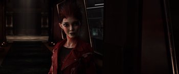 Movie still from “Ready Player One” (2018), directed by Steven Spielberg – A young girl with red hair and green eyes; Close Up shot, High angle