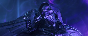 Movie still from “Ready Player One” (2018), directed by Steven Spielberg – A person wearing a helmet; Close Up shot, Low angle