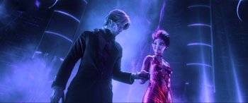 Movie still from “Ready Player One” (2018), directed by Steven Spielberg – A man and a woman holding each other's hands; Medium shot, Low angle