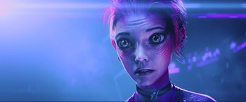 Movie still from “Ready Player One” (2018), directed by Steven Spielberg – A woman in a purple outfit is looking at the camera; Close Up shot, Low angle