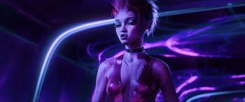 Movie still from “Ready Player One” (2018), directed by Steven Spielberg – A woman in a purple body suit with pink hair; Close Up shot, Low angle