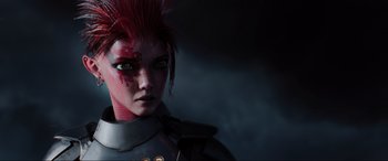 Movie still from “Ready Player One” (2018), directed by Steven Spielberg – A woman with red hair is wearing a helmet; Close Up shot, High angle