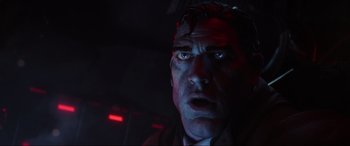 Movie still from “Ready Player One” (2018), directed by Steven Spielberg – A person looking up at the camera; Close Up shot, Low angle