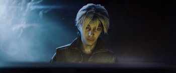 Movie still from “Ready Player One” (2018), directed by Steven Spielberg – A man in a black jacket is looking at the camera; Close Up shot, High angle