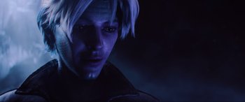 Movie still from “Ready Player One” (2018), directed by Steven Spielberg – A person's face in the dark; Close Up shot, Over the shoulder angle