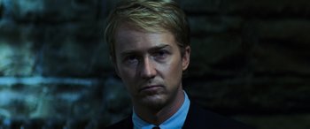 Movie still from “Red Dragon” (2002), directed by Brett Ratner – A person wearing a suit and tie; Close Up shot, Low angle