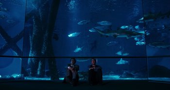Movie still from “Bad Lieutenant: Port of Call New Orleans” (2009), directed by Werner Herzog – Two people sitting in front of an aquarium at night; Wide shot, High angle