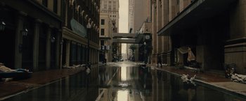 Movie still from “Reminiscence” (2021), directed by Lisa Joy – A city street filled with lots of water; Extreme Wide shot, High angle
