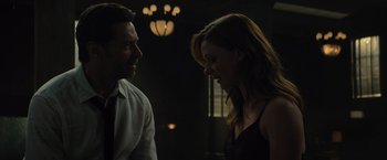 Movie still from “Reminiscence” (2021), directed by Lisa Joy – A man and a woman talking to each other; Medium shot, Over the shoulder angle