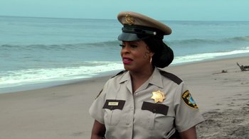 Movie still from “Reno 911!: The Hunt for QAnon” (2021), directed by Robert Ben Garant – A police officer is standing on the beach near the water; Close Up shot, Over the shoulder angle