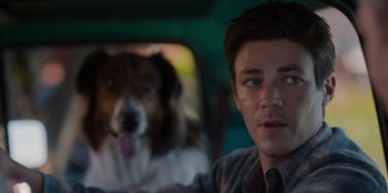Movie still from “Rescued by Ruby” (2022), directed by Katt Shea – A man and a dog in the back of a car; Close Up shot, Over the shoulder angle