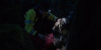 Movie still from “Rescued by Ruby” (2022), directed by Katt Shea – A person and a dog in the dark with a flashlight; Wide shot, High angle