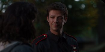Movie still from “Rescued by Ruby” (2022), directed by Katt Shea – A man in a military uniform is looking at the camera; Close Up shot, Over the shoulder angle