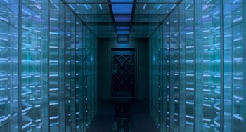 Movie still from “Resident Evil” (2002), directed by Paul W.S. Anderson – A hallway with a door and a glass wall; Wide shot, Low angle