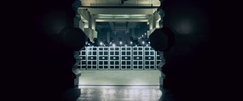 Movie still from “Resident Evil: Afterlife” (2010), directed by Paul W.S. Anderson – A room filled with lots of lights on the wall; Extreme Wide shot, High angle