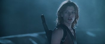 Movie still from “Resident Evil: Apocalypse” (2004), directed by Alexander Witt – Milla jovovich in resident evil : the final chapter; Close Up shot, Low angle