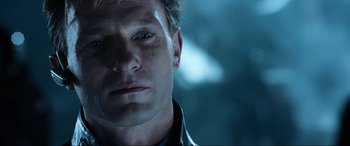 Movie still from “Resident Evil: Apocalypse” (2004), directed by Alexander Witt – A person looking at the camera; Close Up shot, Low angle