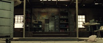 Movie still from “Resident Evil: Extinction” (2007), directed by Russell Mulcahy – A room filled with lots and lots of filing cabinets; Wide shot, Low angle