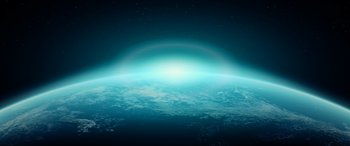 Movie still from “Resident Evil: Extinction” (2007), directed by Russell Mulcahy – An image of an earth from space with the sun setting; Extreme Wide shot, Low angle