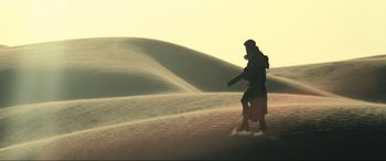 Movie still from “Resident Evil: Extinction” (2007), directed by Russell Mulcahy – Two people walking in the sand dunes at sunset; Extreme Wide shot, Low angle