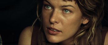 Movie still from “Resident Evil: Extinction” (2007), directed by Russell Mulcahy – A person with blue eyes; Close Up shot, High angle