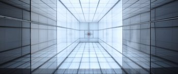 Movie still from “Resident Evil: Retribution” (2012), directed by Paul W.S. Anderson – An image of an empty room that is very clean; Extreme Wide shot, Overhead angle