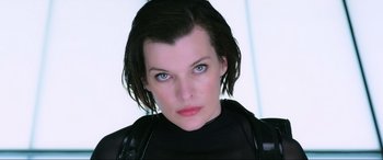 Movie still from “Resident Evil: Retribution” (2012), directed by Paul W.S. Anderson – A person with short hair; Close Up shot, Low angle